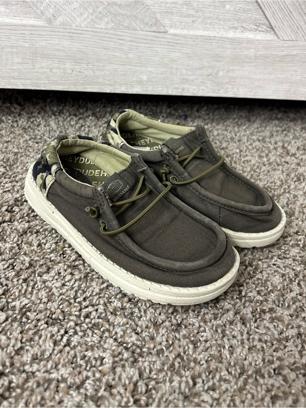 Hey Dude Kids Olive Green and Camo Canvas Slip-On Shoes Toddler Boy Size 10